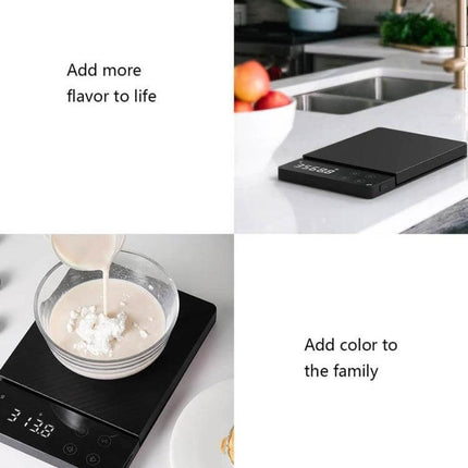 Xiaomi Kitchen Scale With Tare Function For Precise Ingredient Measurement - black digital scale on countertop weighing bowl and ingredients