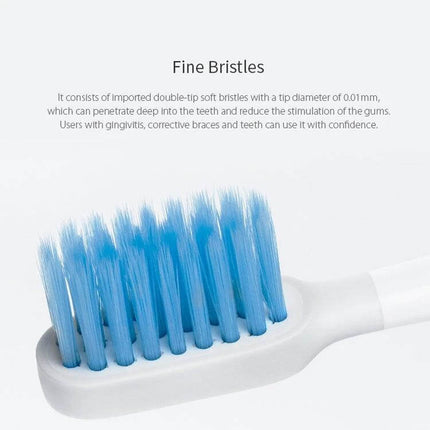 Xiaomi Mijia 3 Pack Sensitive Electric Toothbrush Heads showing close-up of fine double-tip soft blue bristles for gentle cleaning and gum protection