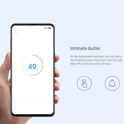 Xiaomi Mijia 3 Pack Sensitive Electric Toothbrush Heads showing app replacement reminder on smartphone with 49 days left