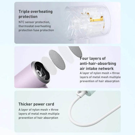 Xiaomi Mijia Hair Dryer Green For Quick Drying And Everyday Use showing triple overheating protection, anti-hair air intake mesh layers and thicker power cord