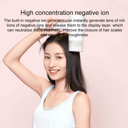 Xiaomi Mijia Negative Ion Portable Hair Dryer With Foldable Handle shown being used by woman to dry and smooth hair, compact travel-friendly 1600W design