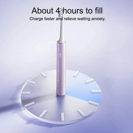 Xiaomi Mijia Sonic Electric Toothbrush Purple for Daily Cleaning showing purple toothbrush on clock graphic highlighting 4-hour charge and IPX8 waterproof body