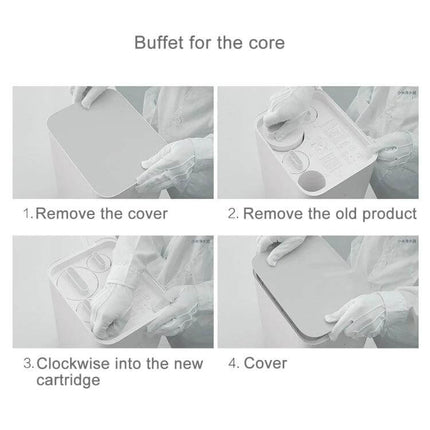 Xiaomi Replacement Water Filter For Mi Purifier Activated Carbon - hands installing activated carbon cartridge, remove cover, replace and close (step-by-step)
