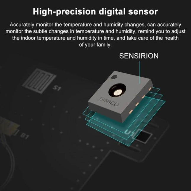 Xiaomi Youpin Miaomiaoce LCD Hygrometer to Monitor Indoor Humidity showing high-precision Sensirion digital sensor graphic