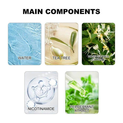 Ximonth 20ml Mole And Wart Remover Liquid For Skin showing main natural ingredients water, tea tree, honeysuckle extract, nicotinamide, peppermint extract
