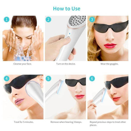 XPREEN Acne Light Therapy Device, Wireless for Home Use showing six-step how-to-use images: cleanse, power on, wear goggles, treat 5 min, remove, repeat