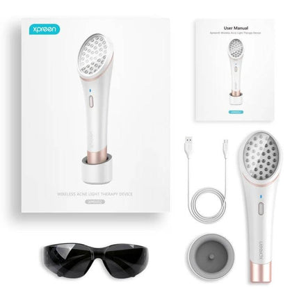 XPREEN Acne Light Therapy Device, Wireless for Home Use handheld 36-LED kit with USB charger, stand and protective goggles for facial acne care