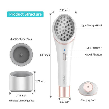 XPREEN Acne Light Therapy Device, Wireless for Home Use - diagram showing 36 LED head, dimensions, on/off button, charging base and port
