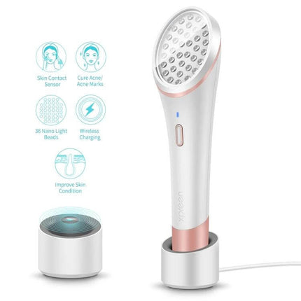 XPREEN Acne Light Therapy Device, Wireless for Home Use white and rose gold handheld 36 LED acne treatment device on charging dock
