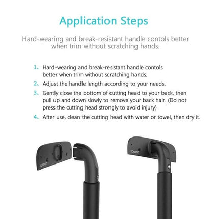XPREEN Back Shaver With Stretchable Handle For Easy Back Hair Removal - close-up of stretchable handle and cutting head with application steps