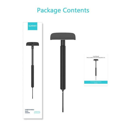 XPREEN Back Shaver With Stretchable Handle For Easy Back Hair Removal - product package contents showing shaver, stretchable handle, and manual