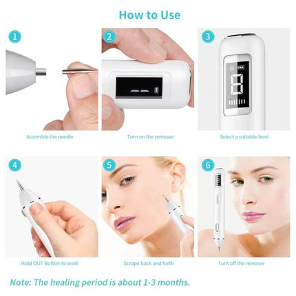 Xpreen Dark Spot Remover For Freckles Everyday Use handheld device steps showing assemble needle, turn on, select level, use on face for freckles