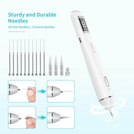 Xpreen Dark Spot Remover For Freckles Everyday Use handheld device with display and set of fine and coarse needles for at‑home spot removal