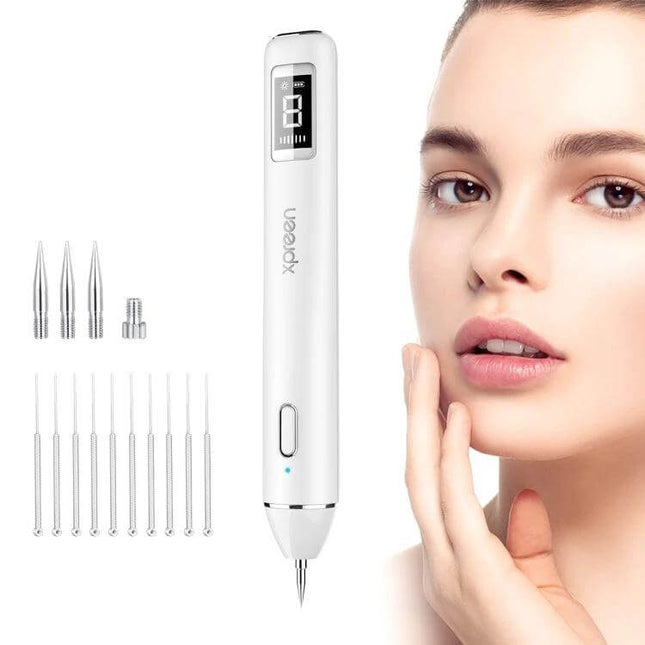 Xpreen Dark Spot Remover For Freckles Everyday Use handheld device with replacement needles shown beside model touching clear skin