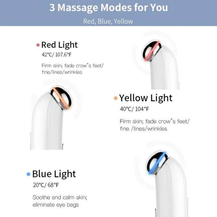 Xpreen Eye Massager For Eye Strain Relief With Gentle Heat showing red, yellow, and blue light modes and temperatures for soothing and firming the eye area