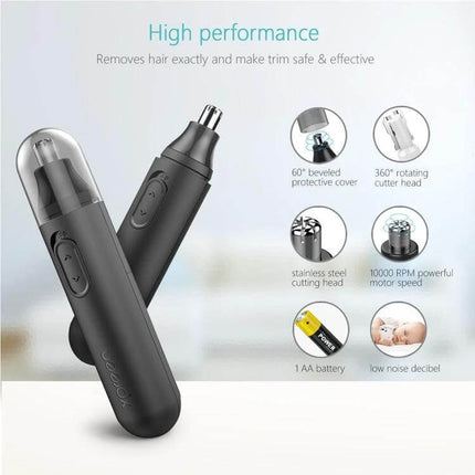 XPREEN Nose and Ear Hair Trimmer With Rotating Blade For All compact black trimmer showing 360° rotating cutter head and stainless steel blade