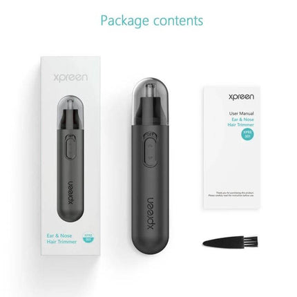 XPREEN Nose and Ear Hair Trimmer With Rotating Blade For All – compact black electric nose ear eyebrow trimmer with rotating 360° blade and cleaning brush