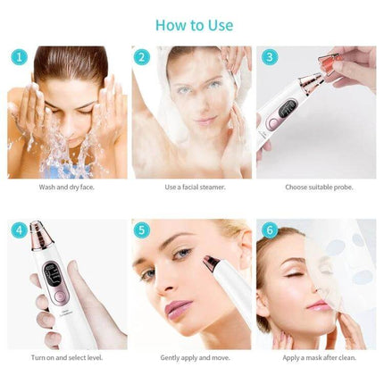 Xpreen Pore Cleanser For Home Facial With LED Screen showing steps: wash, steam, choose probe, select level, suction, apply mask