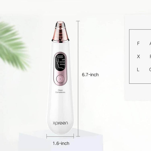 Xpreen Pore Cleanser For Home Facial With LED Screen white handheld device showing LED display and four probe tips, 6.7-inch compact size