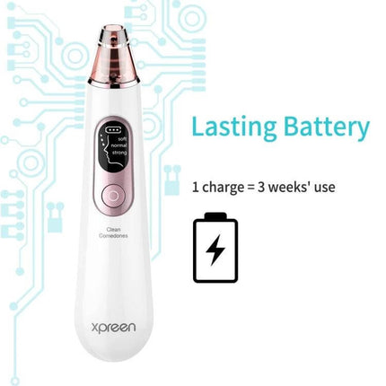 Xpreen Pore Cleanser For Home Facial With LED Screen white device showing LED screen and suction tip, lasting battery graphic