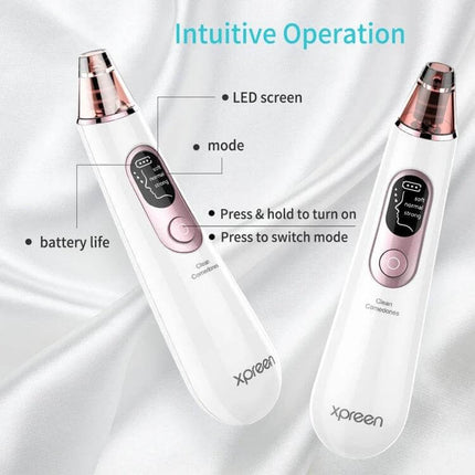 Xpreen Pore Cleanser For Home Facial With LED Screen showing white handheld device with LED screen and interchangeable probes for blackhead and pore care