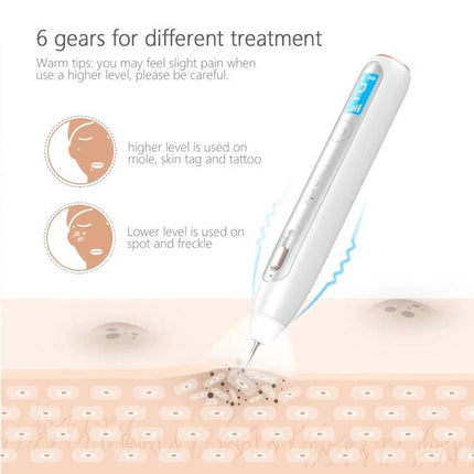 XPREEN XPRE051 Wireless Spot Eraser Pen With LED Spotlight showing pen-point LED targeting a freckle with 6 gear settings and LCD display
