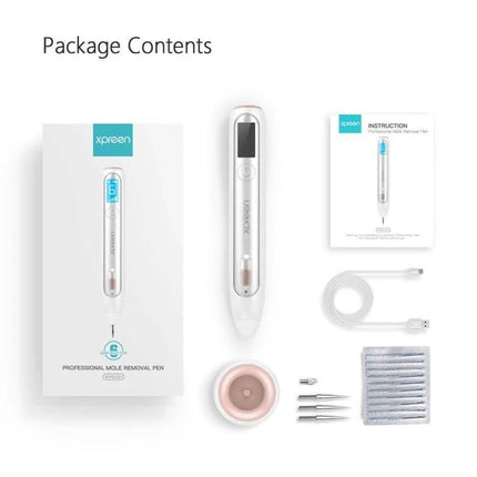 XPREEN XPRE051 Wireless Spot Eraser Pen With LED Spotlight showing package contents: pen, LED screen, tips, USB cable, suction cup, and instructions