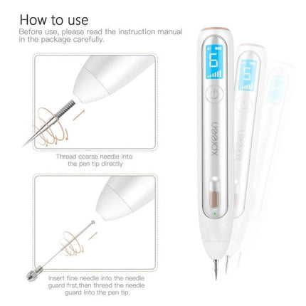 XPREEN XPRE051 Wireless Spot Eraser Pen With LED Spotlight showing pen, LED screen, and instructions for inserting needles