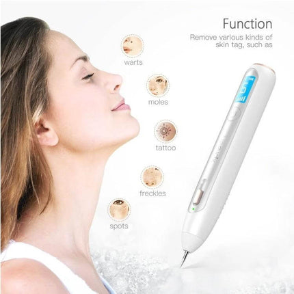XPREEN XPRE051 Wireless Spot Eraser Pen With LED Spotlight shown next to a woman targeting moles freckles and skin tags with LED screen