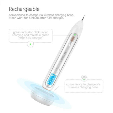 XPREEN XPRE051 Wireless Spot Eraser Pen With LED Spotlight shown upright on wireless charging base with LED display and pen-point spotlight
