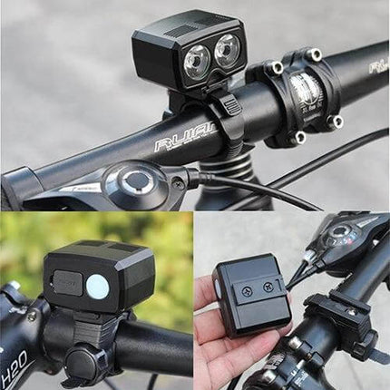 Y15 USB Charging Bike Headlight DualLED With 5 Modes mounted on bicycle handlebars, compact USB-rechargeable twin CREE XPG2 LEDs