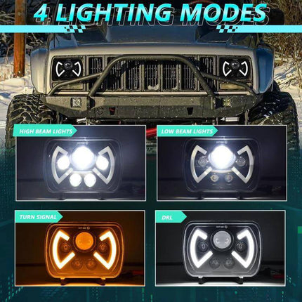 Y22 H4 7 Inch Butterfly Style Headlight For Jeep Wrangler showing high beam, low beam, DRL and turn signal lighting modes