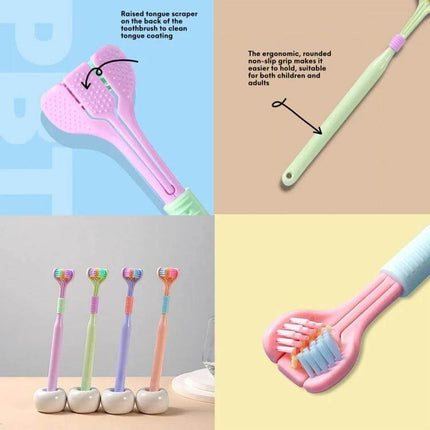 Alt Tag: YALINA Three Sided Toothbrush V Shaped Head Everyday Use - pastel ergonomic three-sided brush with tongue scraper, soft bristles, shown in multiple colors