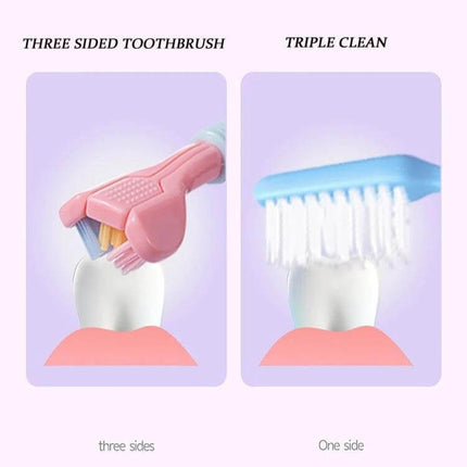 YALINA Three Sided Toothbrush V Shaped Head Everyday Use - pink ergonomic three-sided head showing triple-surface cleaning and tongue scraper