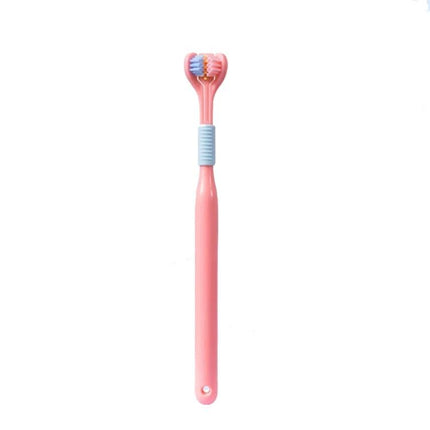 Alt Tag: YALINA Three Sided Toothbrush V Shaped Head Everyday Use pink ergonomic handle three-sided V-shaped head with tongue scraper