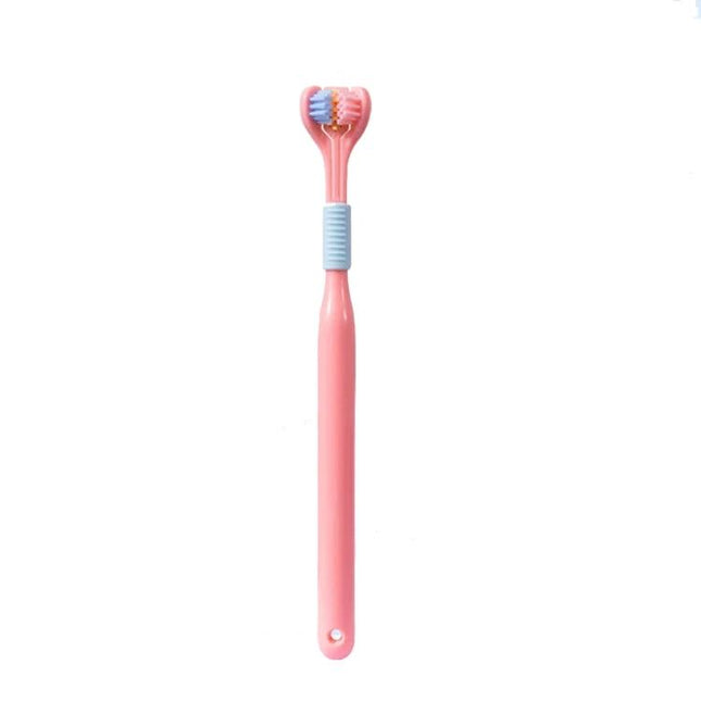 Alt Tag: YALINA Three Sided Toothbrush V Shaped Head Everyday Use pink ergonomic handle three-sided V-shaped head with tongue scraper