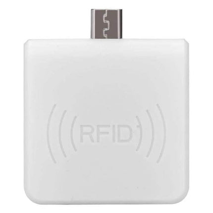 Micro USB RFID Card Reader for Smartphone Tag Scanning Applications white plug-and-play reader with Micro USB connector and RFID logo