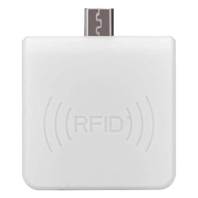 Micro USB RFID Card Reader for Smartphone Tag Scanning Applications - white plug-and-play 13.56MHz reader for Android inventory and access control