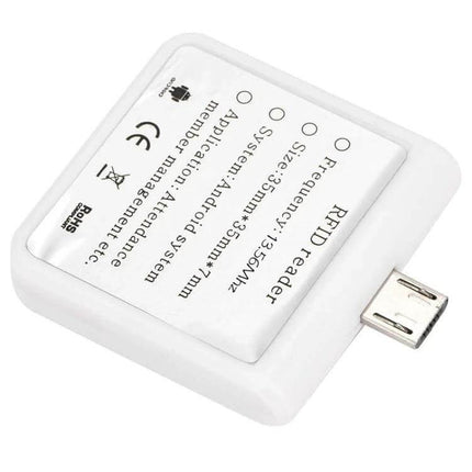 Micro USB RFID Card Reader for Smartphone Tag Scanning Applications white Micro USB RFID reader shown angled with printed specs and Micro USB plug