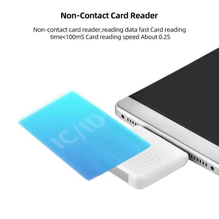 Micro USB RFID Card Reader for Smartphone Tag Scanning Applications showing a white micro USB plug-and-play reader connected to an Android phone with an NFC card