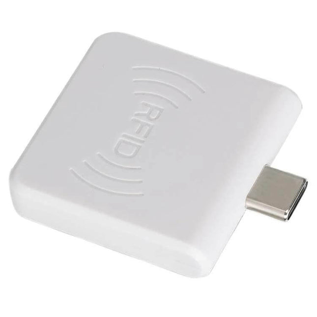Type-C RFID Card Reader for Mobile Phone IC Cards white compact USB-C reader for scanning ID, access and payment IC cards on Android devices