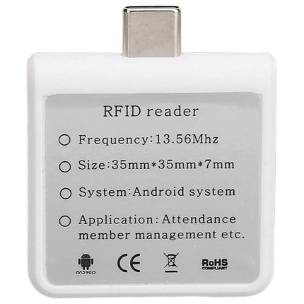 Type-C RFID Card Reader for Mobile Phone IC Cards — compact white 13.56MHz Android NFC reader for ID, access badges, and attendance