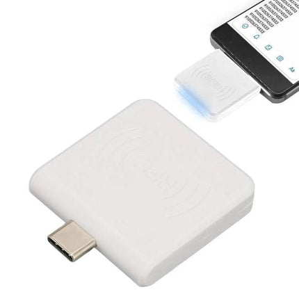 Type-C RFID Card Reader for Mobile Phone IC Cards - compact white NFC/IC reader plugged into Android phone for scanning ID, access and payment cards