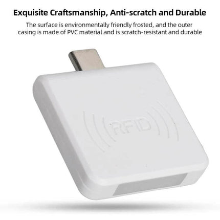 Type-C RFID Card Reader for Mobile Phone IC Cards white compact USB-C reader with RFID logo for Android ID and payment scanning
