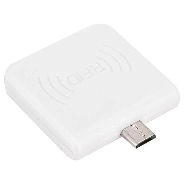 Portable Micro USB RFID Card Reader for Smartphones with OTG white compact LF 125kHz reader plugging into Micro USB phone