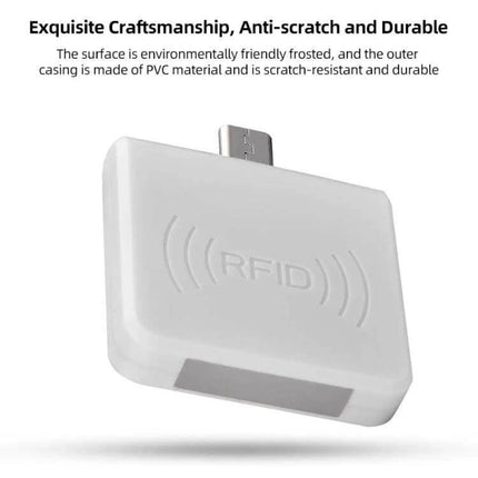 Portable Micro USB RFID Card Reader for Smartphones with OTG white compact micro-USB RFID reader with OTG plug and RFID logo