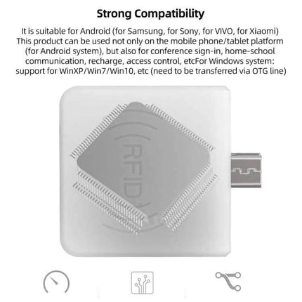 Portable Micro USB RFID Card Reader for Smartphones with OTG plugged into Android phone micro USB port for 125kHz tag reading
