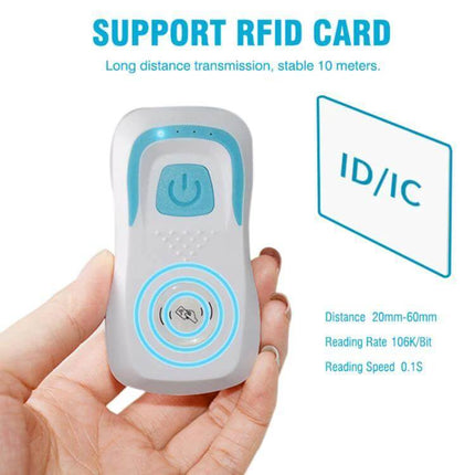 Wireless Bluetooth RFID and IC Card Reader for Secure Access Control handheld compact reader showing RFID range and ID/IC card support