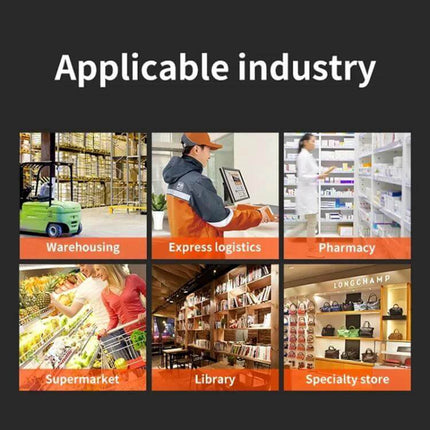 Wireless Bluetooth RFID and IC Card Reader for Secure Access Control shown in applicable industries grid: warehousing, logistics, pharmacy, supermarket, library, specialty store