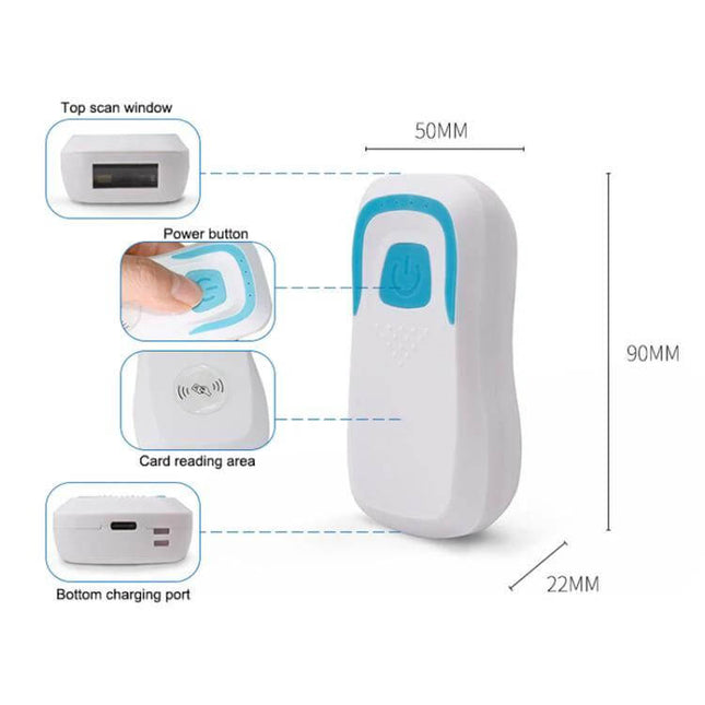 Portable Bluetooth RFID ID Card Reader for Access Control handheld device with power button, top scan window, card reading area and bottom charging port